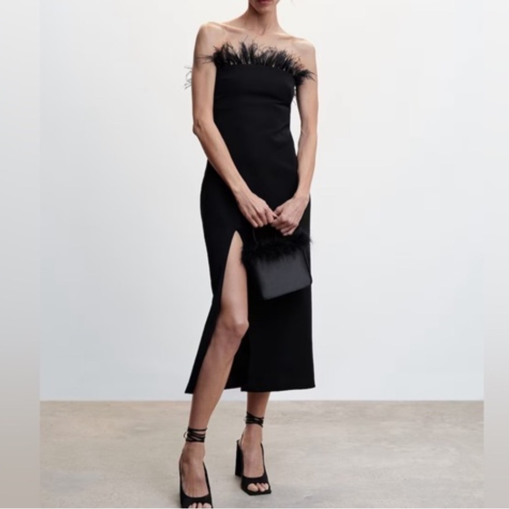 Chic dress! Mango black strapless midi with removable feather trim. NYE